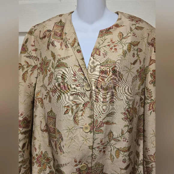Vtg Talbots Jacket Beige Green Pure Silk Elephant Floral Asian Indian Split Sz10 - Picture 4 of 12